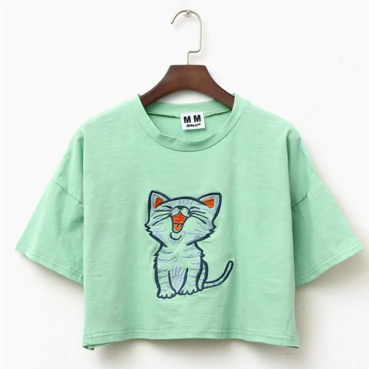 Yawning Cat Embroid Harajuku Style Crop Top Shirt