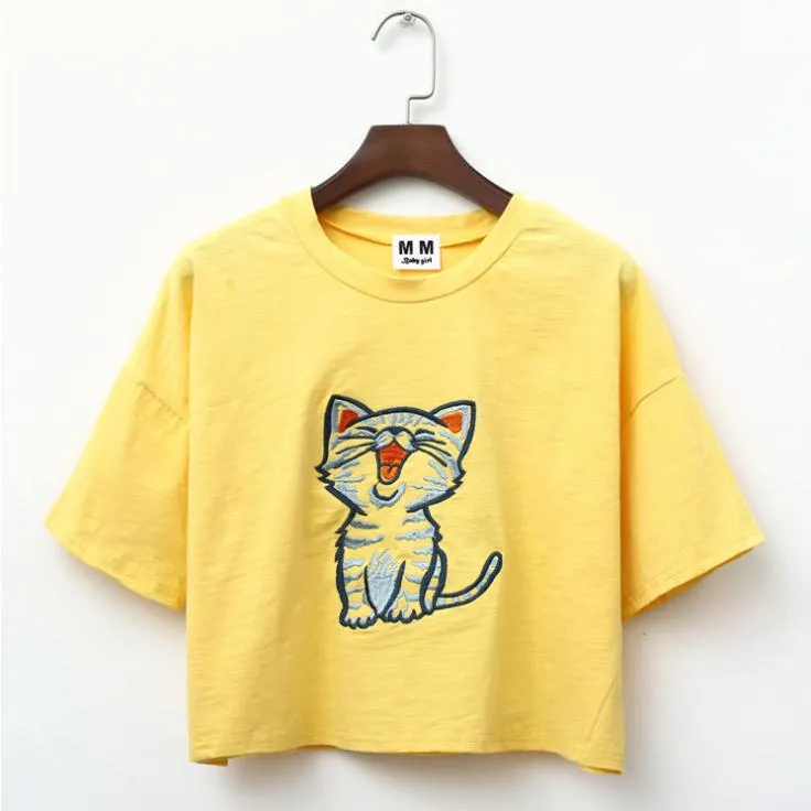 Yawning Cat Embroid Harajuku Style Crop Top Shirt